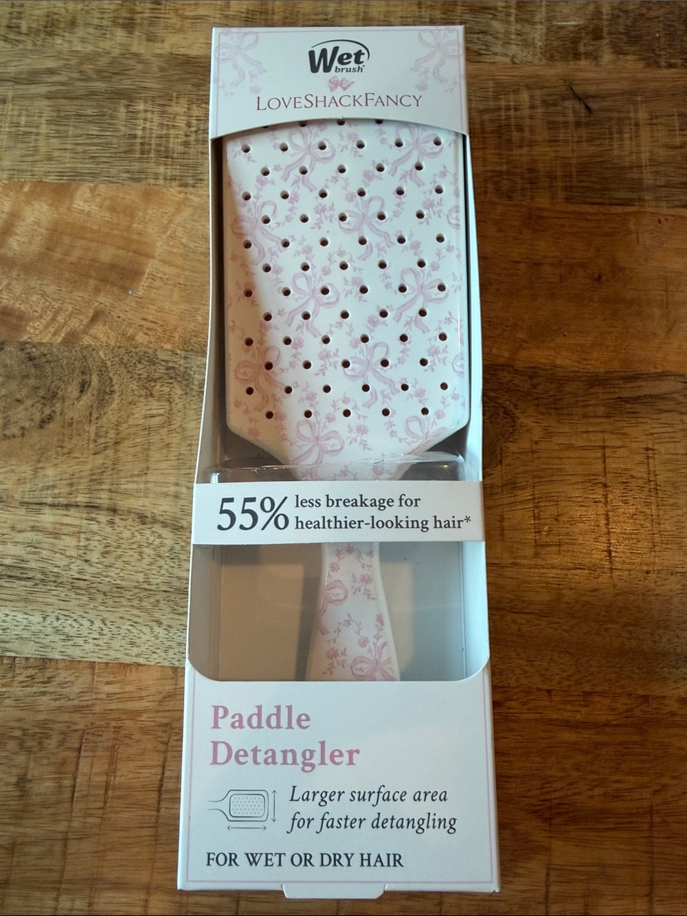 LoveShackFancy Pale Pink Floral Paddle Detangler Brush- cute Pink Bows!
